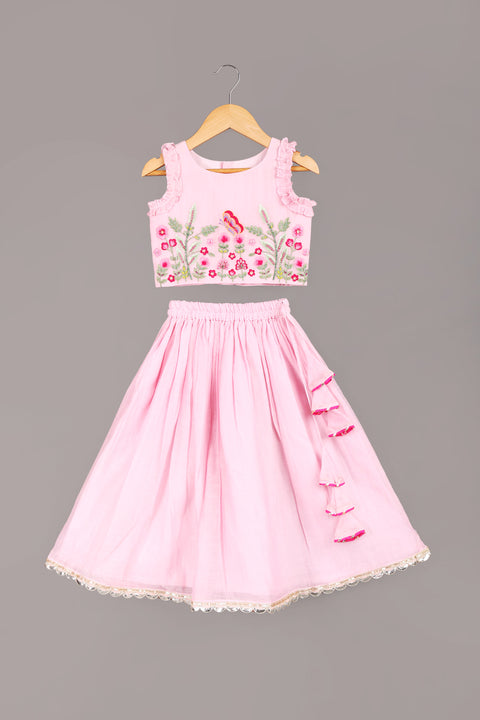Pink pure mul-chanderi lehenga set