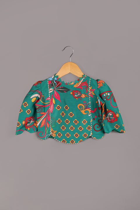 Green Silk Print Lehenga Set