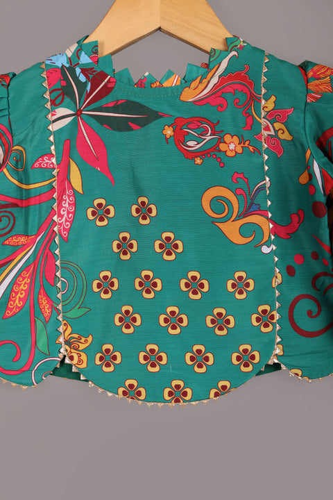 Green Silk Print Lehenga Set