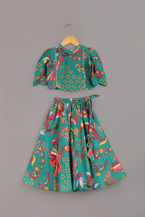 Green Silk Print Lehenga Set