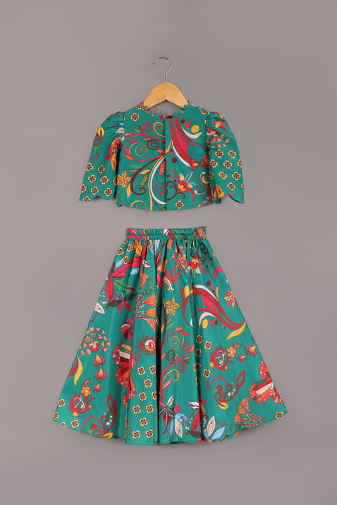 Green Silk Print Lehenga Set