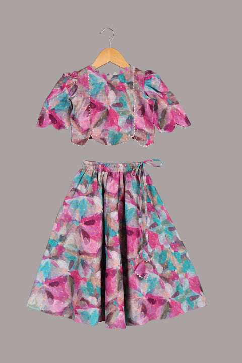 Pink Silk Print Lehenga Set