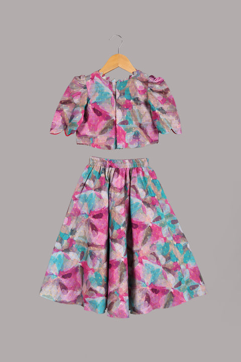 Pink Silk Print Lehenga Set