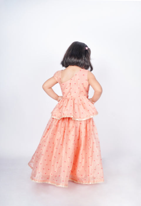Peach tissue Chanderi peplum blouse and lehenga set