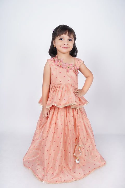 Peach tissue Chanderi peplum blouse and lehenga set