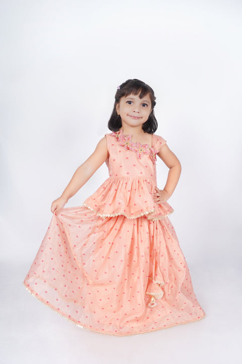 Peach tissue Chanderi peplum blouse and lehenga set