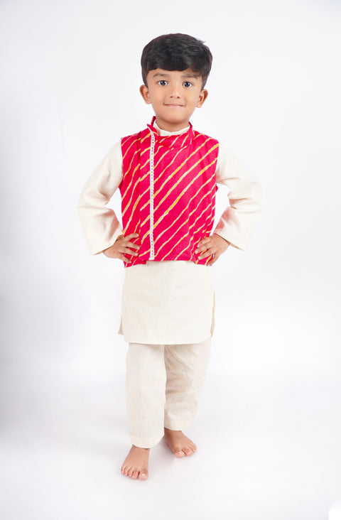Off-White Kurta Pajama with Pink Leheriya waist jacket