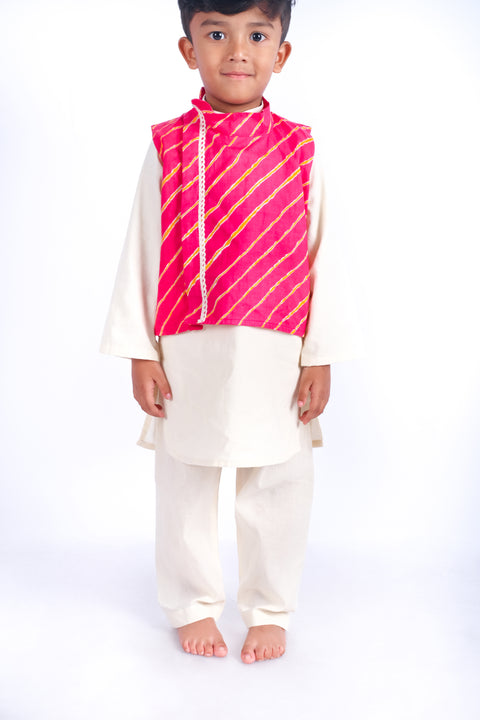 Off-White Kurta Pajama with Pink Leheriya waist jacket