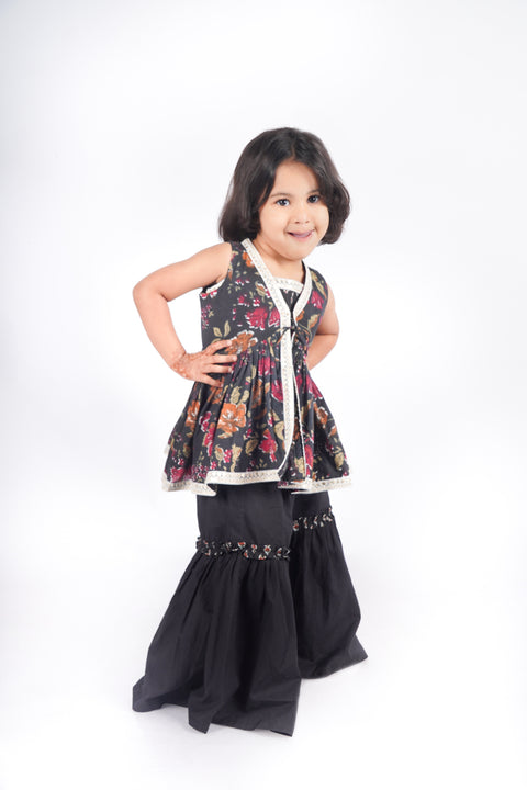 Black Cotton Jacket Sharara Set