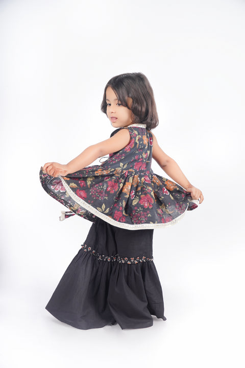 Black Cotton Jacket Sharara Set