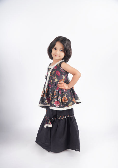 Black Cotton Jacket Sharara Set
