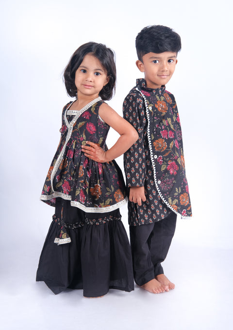 Black Cotton Jacket Sharara Set
