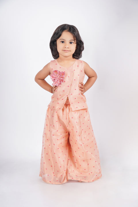 Peach tissue Chanderi overlap blouse and flared bottoms