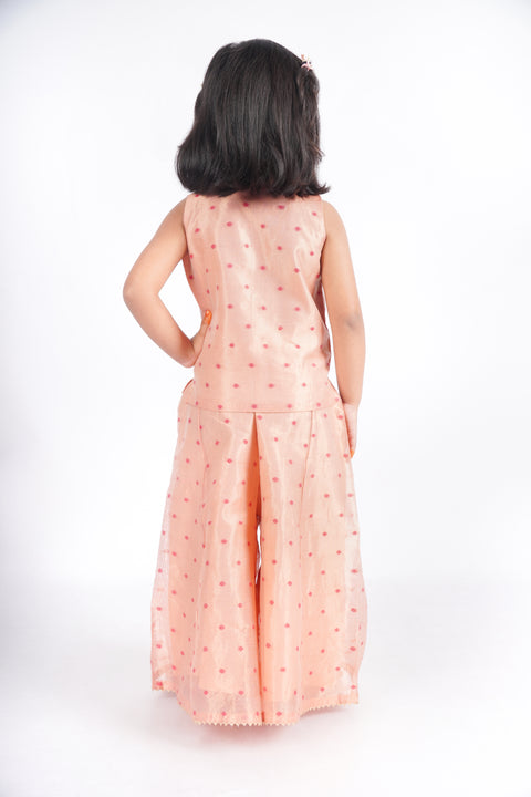 Peach tissue Chanderi overlap blouse and flared bottoms