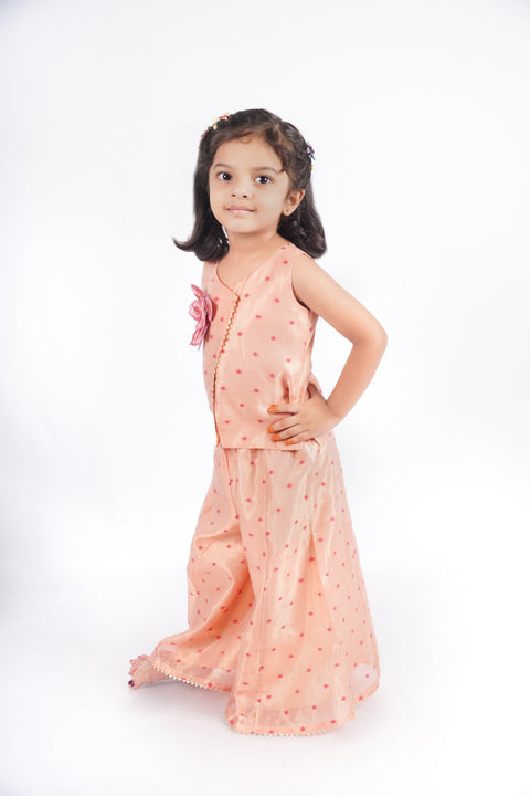Peach tissue Chanderi overlap blouse and flared bottoms