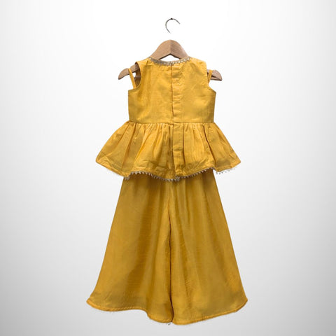 YELLOW SILK EMBROIDERY TOP WITH FLARED PALAZZO
