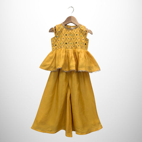 YELLOW SILK EMBROIDERY TOP WITH FLARED PALAZZO