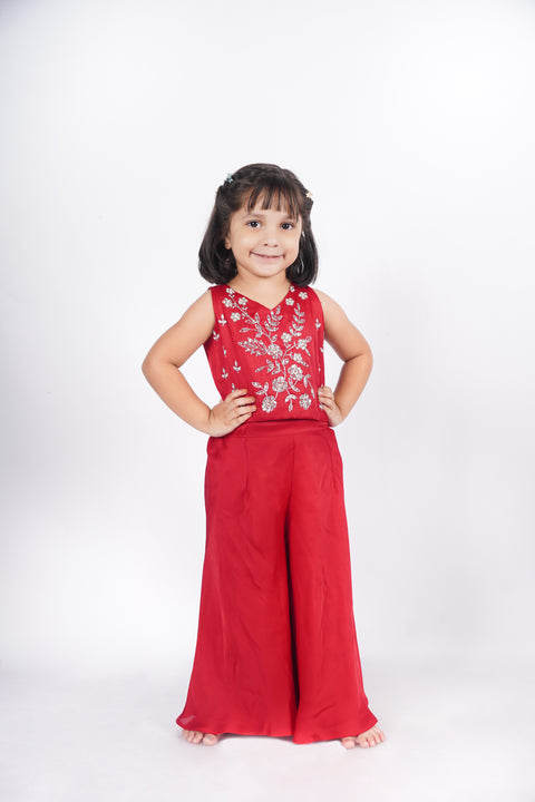 Red embroidery crop top with flared bottom