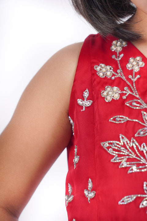 Red embroidery crop top with flared bottom