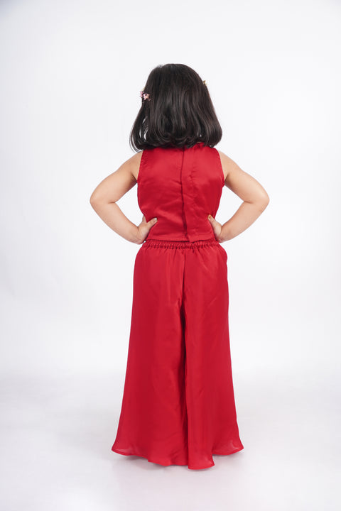 Red embroidery crop top with flared bottom