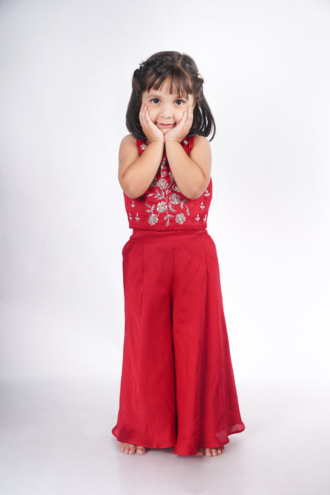 Red embroidery crop top with flared bottom