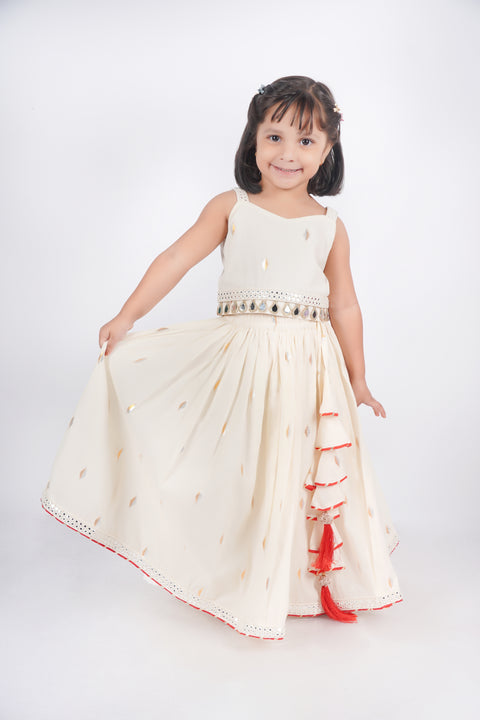 Off-White Lurex Booti Lehenga Set for Kids – Festive & Elegant