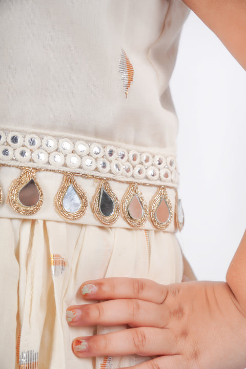 Off-White Lurex Booti Lehenga Set for Kids – Festive & Elegant