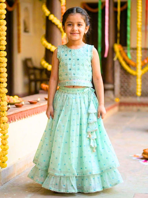 Sea Green Tissue Chanderi Lehenga Set