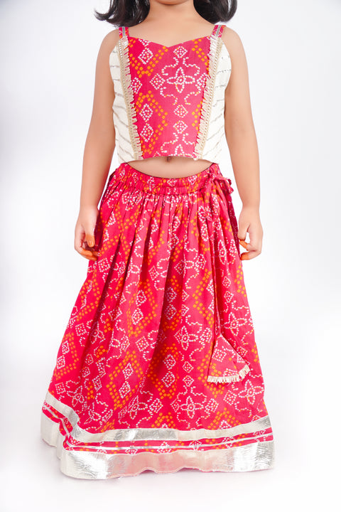 Off-white and pink Bandhani print lehenga set