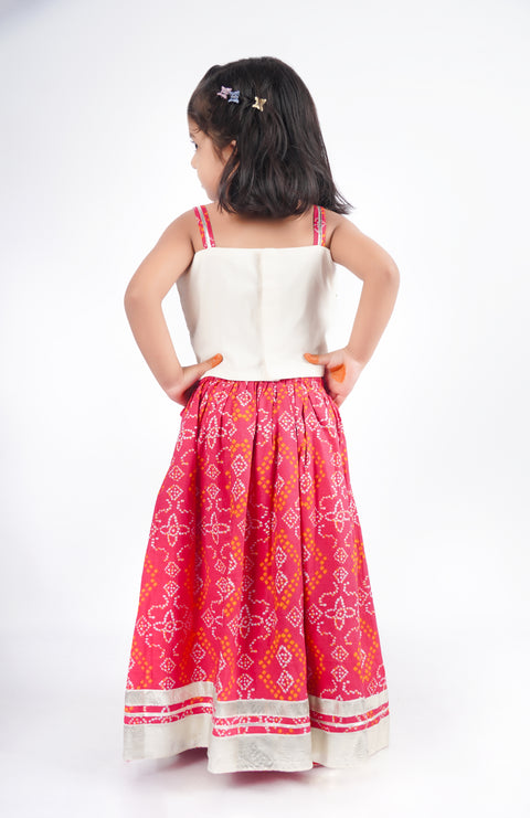 Off-white and pink Bandhani print lehenga set