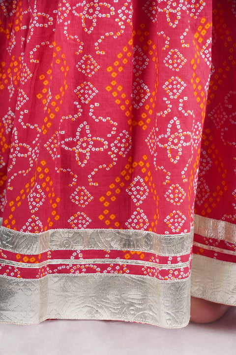 Off-white and pink Bandhani print lehenga set
