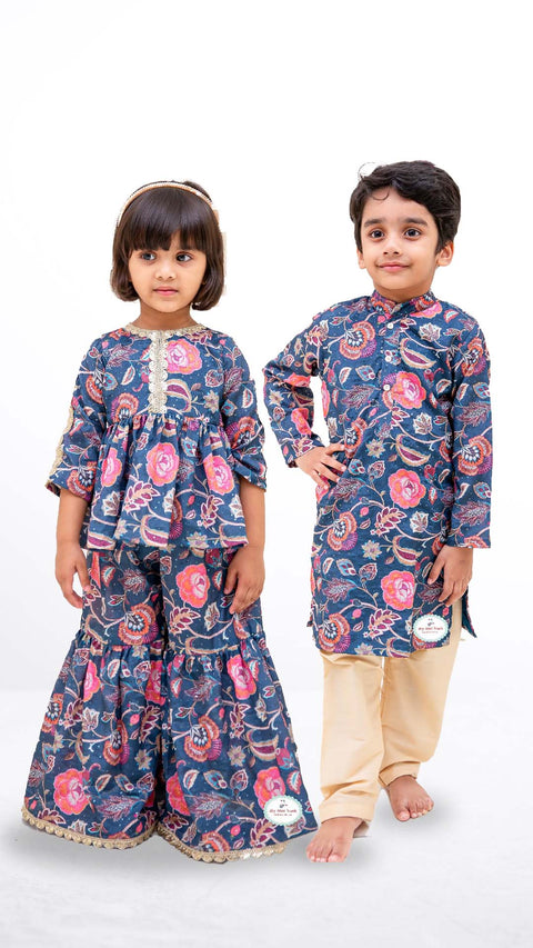Mid-night Blue Chinon Sharara set & Midnight Blue Chinnon Textured Kurta Pajama - My Store