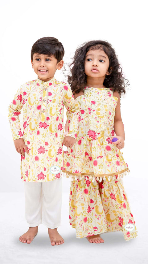 Lemon Yellow block printed Sharara Set & Cotton printed Kurta Pajama - My Store