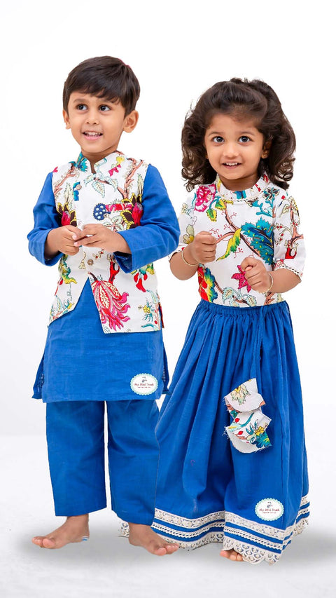 Linen Cotton Blue Lehanga Set & Blue Linen cotton kurta pajama with a Offwhite contrast print with stylish waist jacket. - My Store