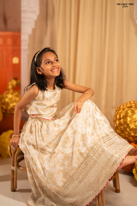 Off-white gold Silk Chanderi Lehenga Set