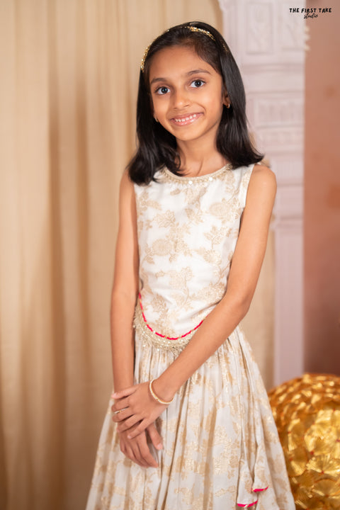 Off-white gold Silk Chanderi Lehenga Set