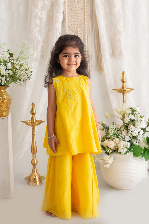 Yellow silk applique embroidery falred top and sharara set
