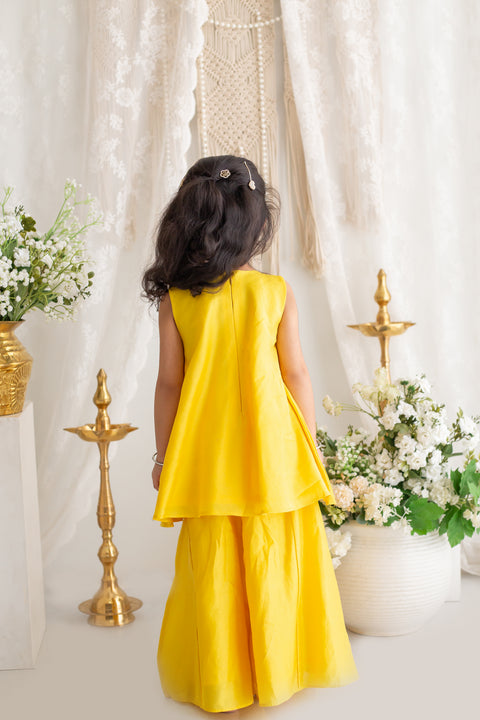 Yellow silk applique embroidery falred top and sharara set