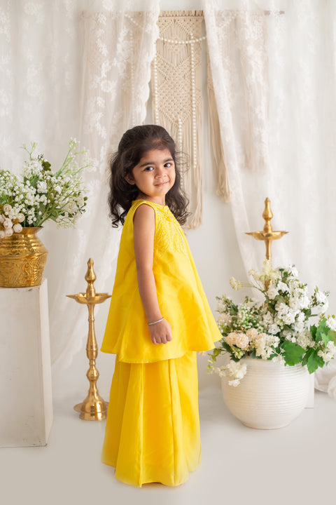 Yellow silk applique embroidery falred top and sharara set