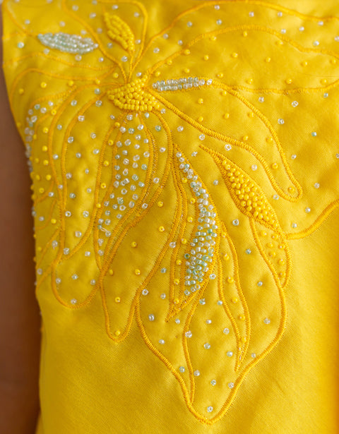Yellow silk applique embroidery falred top and sharara set