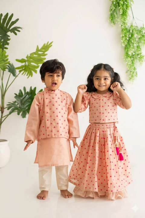Peach embroidery lehenga & Peach kurta pajama with embroidery jacket