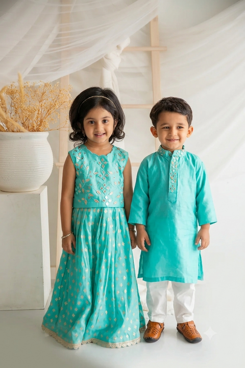 Blue Organza Booti Kurta  & Silk Chanderi Sky Blue Lehanga