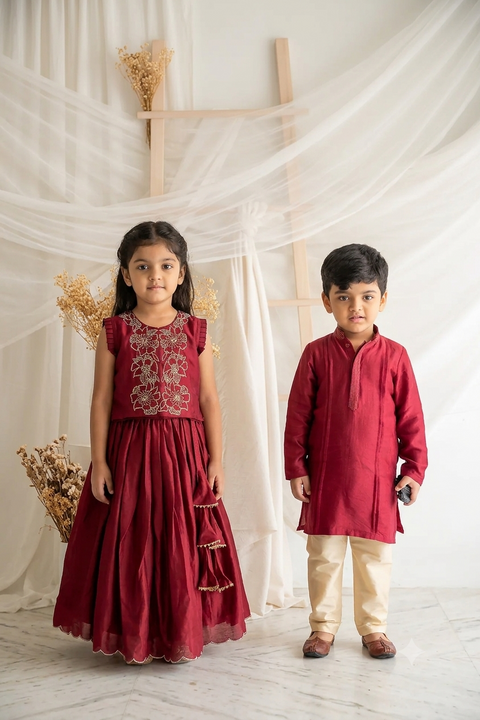 Maroon Kurta Pajama &  Maroon Chanderi Silk Lehenga