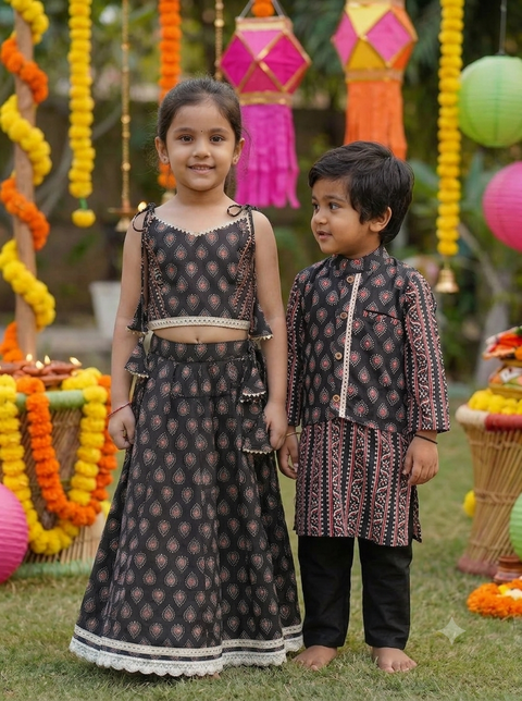 Black Pure cotton Lehenga and Blouse &  Black cotton kurta with jacket