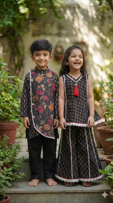 Black Cotton Kurta and Top and Flared Set