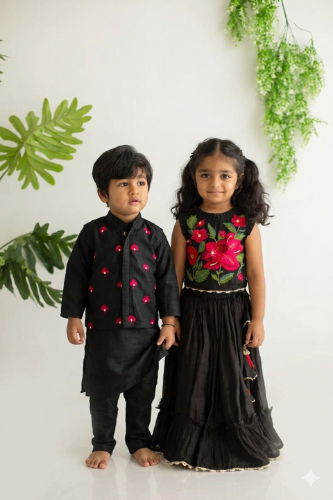 Black kurta pajama with jacket and Black Embroidery Silk Lehanga Set