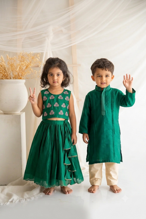 Boys Green Kurta Pajama & Green Chanderi Silk Lehenga