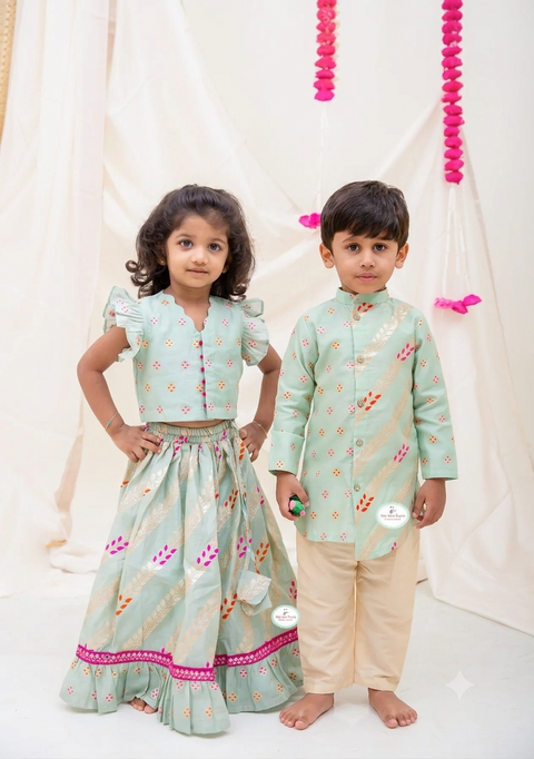 Silk Chanderi Green Lehanga Set &  Silk Chanderi Kurta Pajama