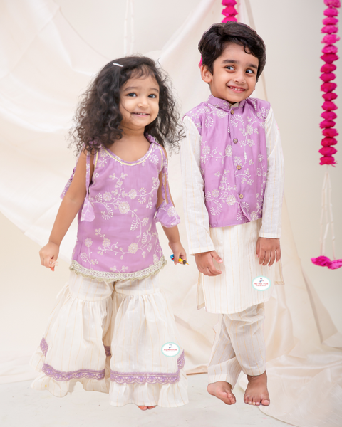 Lurex Kurta pajama with Jacket & Sharara set - Lilac - My Store