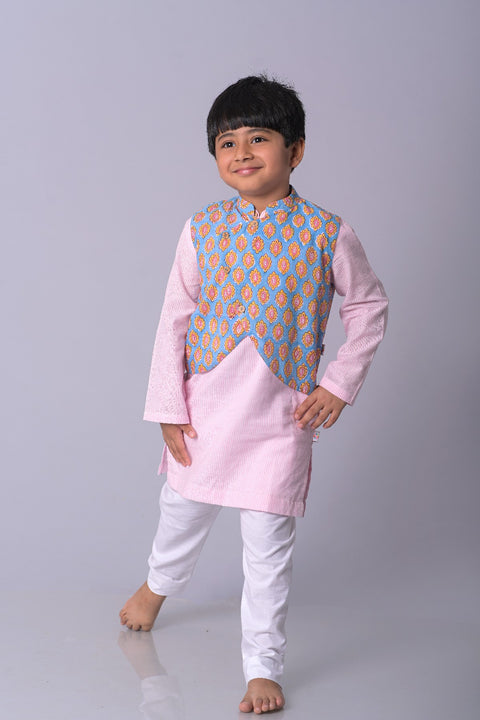 Cotton stripe Kurta Pajama with Hand block-printed cotton waist jacket - My Store